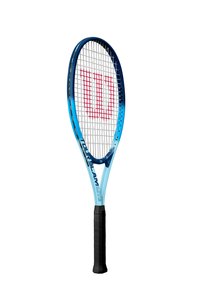 Raquette de tennis bleue avec un cordage blanc et un logo rouge "W" prononcé. Elle présente une prise noire texturée et le texte "TOUR SLAM LITE" sur le fût.