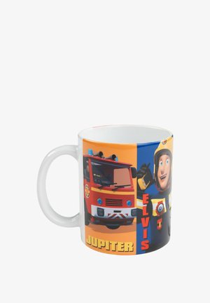 Mug in ceramica bianca con finitura lucida. Presenta grafica a fumetti di un camion dei pompieri rosso e un personaggio di nome Elvis. Testo "JUPITER" ed "ELVIS" in colori vivi.