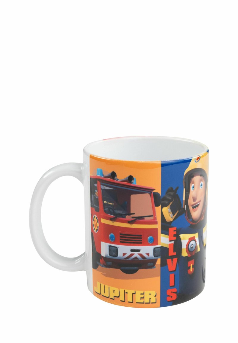 Mug in ceramica bianca con finitura lucida. Presenta grafica a fumetti di un camion dei pompieri rosso e un personaggio di nome Elvis. Testo "JUPITER" ed "ELVIS" in colori vivi.