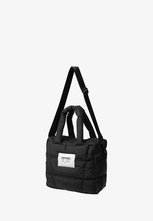 Black quilted bag with dual top handles and an adjustable shoulder strap. Features a zip closure and a white label on the front.