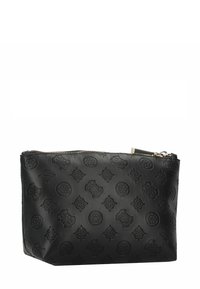 Zwarte cosmetica tas met geperste bloemen- en geometrische patronen, ritsluiting, rechthoekige vorm, gladde textuur en metalen hardwareaccenten.