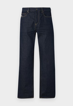 Dark blue denim jeans with straight legs, contrasting yellow stitching, a classic five-pocket design, and a button closure at the waist.