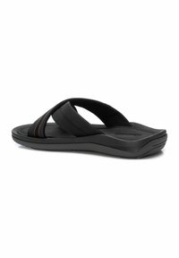 Las sandalias de goma negra presentan tiras cruzadas con acentos naranjas, parte superior de tela suave, suela acolchada y plantilla texturada para un mejor agarre.