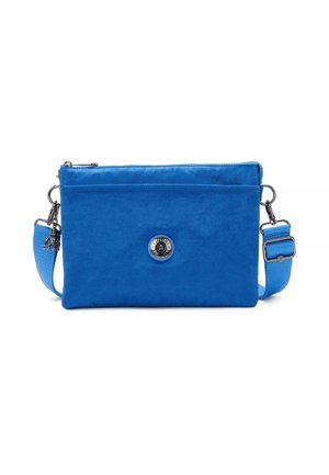 Sac bandoulière bleu en tissu durable, avec fermeture éclair, sangle ajustable et un détail en logo argenté rond à l'avant.