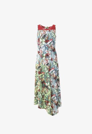 Vestido maxi sin mangas con canesú rojo y estampado tropical colorido de flores y mariposas sobre fondo blanco y verde claro.