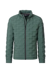 Grüne gesteppte Jacke mit Reißverschluss, hohem Kragen und Reißverschlusstaschen vorne und am linken Ärmel, auf weißem Hintergrund dargestellt.