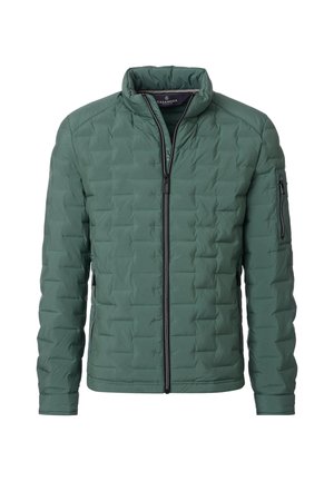 Vihreä tikattu vetoketjullinen takki, jossa on korkea kaulus ja vetoketjulliset taskut edessä ja vasemmassa hihassa, esitelty valkoisella taustalla.