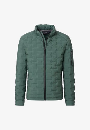 Grüne gesteppte Jacke mit Reißverschluss, hohem Kragen und Reißverschlusstaschen vorne und am linken Ärmel, auf weißem Hintergrund dargestellt.