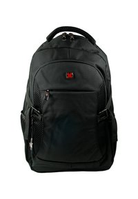 Zwarte rugzak met een gestructureerd oppervlak, dubbele ritsen, een voorvak, zijnetvakken en een gewatteerde handgreep. Voorzien van een rood logo aan de voorkant.