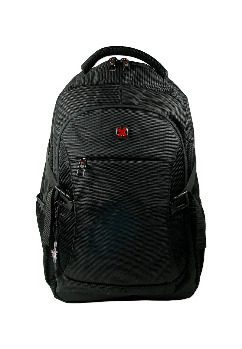 Zwarte rugzak met een gestructureerd oppervlak, dubbele ritsen, een voorvak, zijnetvakken en een gewatteerde handgreep. Voorzien van een rood logo aan de voorkant.