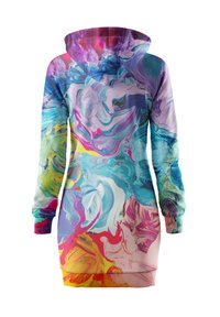 Kapuzenkleid mit einem wirbelnden marmorierten Muster in lebhaften Farben wie Pink, Blau, Gelb und Weiß. Weicher Stoff mit langen Ärmeln.
