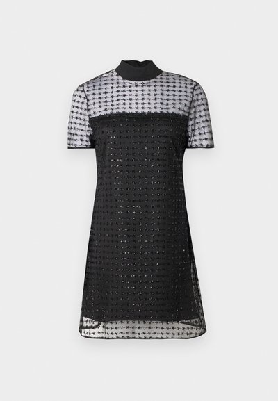 Black dress with short sleeves, featuring a sheer top with a grid pattern and textured fabric. High neck design with a smooth finish.