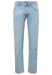 Jean droit bleu clair en denim avec fermeture avant par bouton et zip, passants de ceinture, poches avant et arrière.