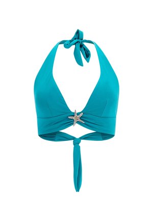 Teal bikini-top van gladde stof met een halternekstrik en een centrale zeesteraccent, met een twist aan de voorkant en een strikdetail aan de achterkant.