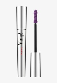 Srebrna tuba tuszu do rzęs z czarnym napisem oraz fioletową, teksturowaną końcówką aplikatora obok niej. Tuba jest smukła i cylindryczna.