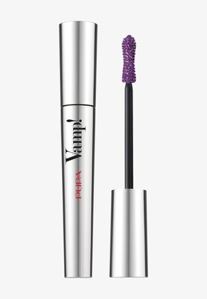 Zilverkleurige mascara tube met zwarte tekst en een paarse, getextureerde borsteltje naast zich. De tube is slank en cilindrisch.