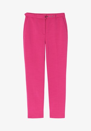 Pink tailored pants with a smooth texture, featuring a wide waistband and belt loops with a matching belt, two side pockets, and a straight fit.