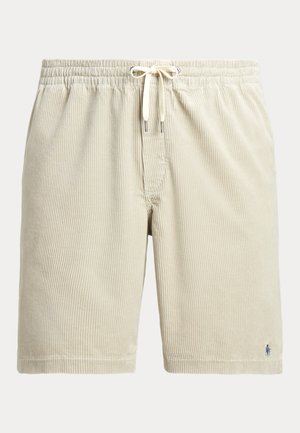 Μπεζ βερμούδα από κορντόρε με κάθετες ρίγες, ελαστική μέση, κορδόνι σύσφιξης και μικρό κεντημένο λογότυπο στο κάτω μέρος.