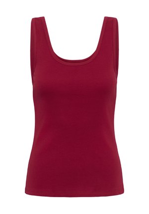 Syväpunainen, hihaton ribbikuvioitu toppi, jossa leveä pyöreä pääntie ja vartalonmyötäinen siluetti.