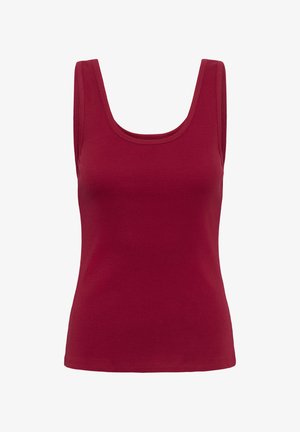 Syväpunainen, hihaton ribbikuvioitu toppi, jossa leveä pyöreä pääntie ja vartalonmyötäinen siluetti.