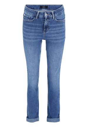 Jean en denim bleu clair avec une coupe slim, taille mi-haute, design à cinq poches et ourlets retroussés, mettant en valeur une texture lisse et des effets de délavage subtils.