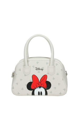 Pequeño bolso blanco con la cabeza de Minnie Mouse adornada con un lazo rojo y un sutil patrón de iconos grises de Mickey Mouse, con el logotipo plateado de Disney arriba.