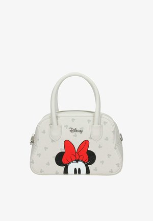 Pequeño bolso blanco con la cabeza de Minnie Mouse adornada con un lazo rojo y un sutil patrón de iconos grises de Mickey Mouse, con el logotipo plateado de Disney arriba.