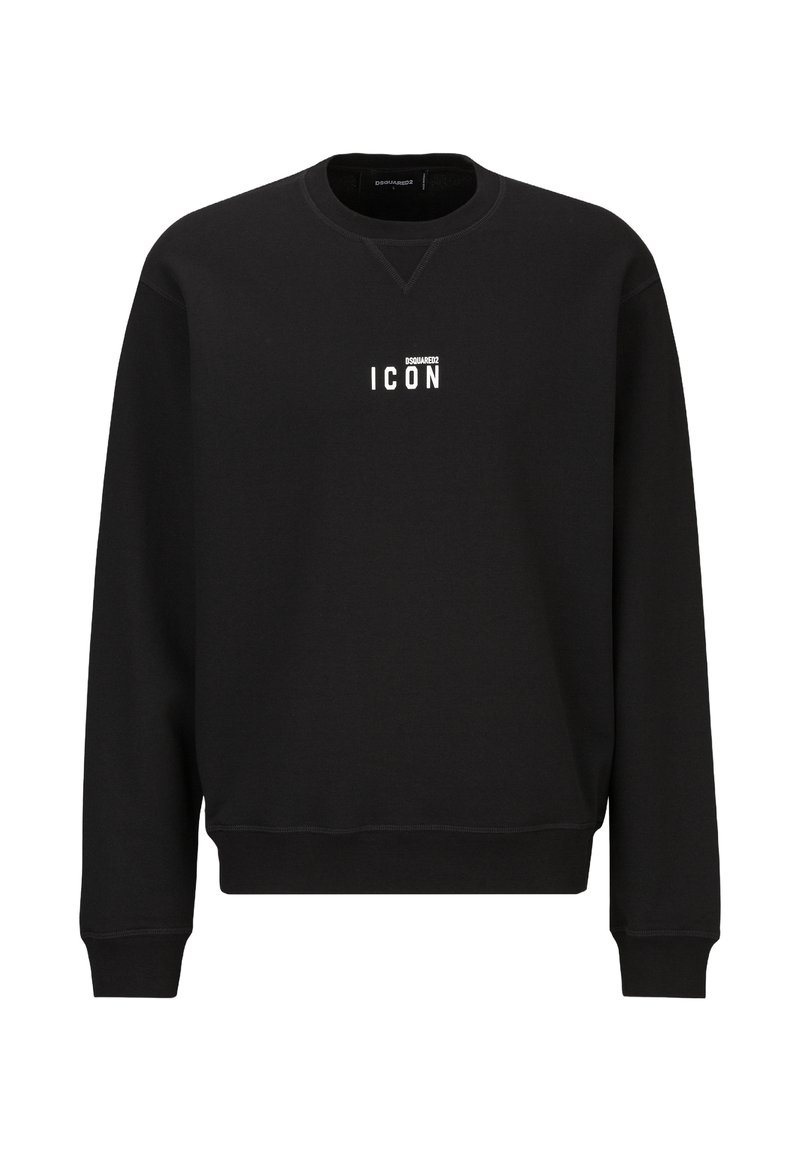 Black sweatshirt made of soft fabric, featuring ribbed cuffs and hem. Front displays white text "ICON" in a bold, modern font.