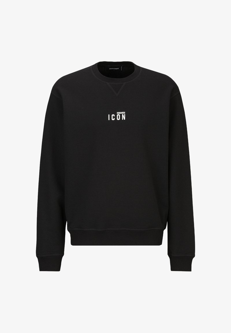 Black sweatshirt made of soft fabric, featuring ribbed cuffs and hem. Front displays white text "ICON" in a bold, modern font.