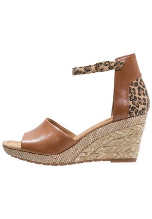 Brun læder kilehæl sandal med åben tå, leopardmønstret ankelrem og tekstureret vævet platform. Justerbar spænde for pasform.