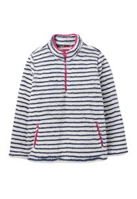 Puszysty biały sweter z granatowymi poziomymi paskami, różowym zamkiem błyskawicznym na ćwierć, kieszeniami wykończonymi na różowo, długimi rękawami i wysokim kołnierzem.