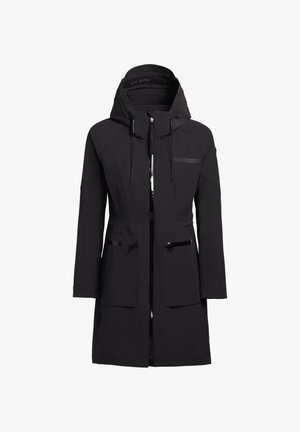 Fekete vízálló dzseki kapucnival, cipzáras elejével, két elülső zsebbel és állítható derékkal, gumis részletekkel. Sima textúrájú.