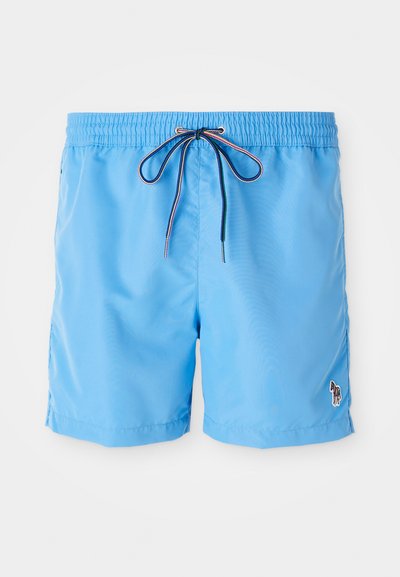 Šviesiai mėlynos maudymosi šortai su elastine juosta ir raišteliu. Kairiajame apatine kampo yra mažas siuvinėtas žirgo logotipas.