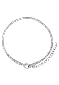 Collana in argento con design intrecciato, dotata di chiusura a moschettone e lunghezza della catena regolabile. Texture liscia, superficie riflettente.