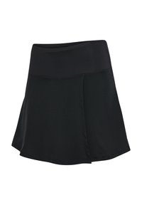 Jupe de sport noire avec taille large et panneau avant subtilement superposé, conçue pour une utilisation active.