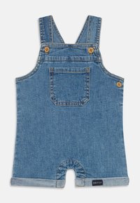 Denim naramenice v svetlo modri barvi, z nastavljivimi naramnicami, lesenimi gumbi, sprednjim žepom in pritisnim dnom za enostavno oblačenje.