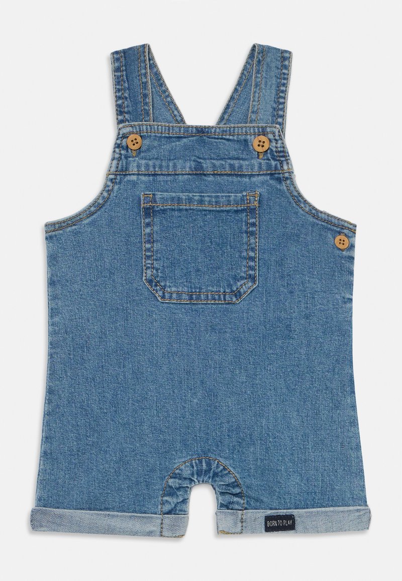 Denim naramenice v svetlo modri barvi, z nastavljivimi naramnicami, lesenimi gumbi, sprednjim žepom in pritisnim dnom za enostavno oblačenje.