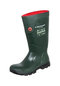 Green rubber knee-high boot with a red interior lining. Features textured surface, sturdy black sole, and waterproof branding.