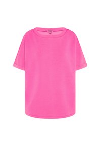 Helles pinkes T-Shirt mit kurzen Ärmeln, umgeschlagenen Bündchen und einem runden Halsausschnitt, auf einem weißen Hintergrund präsentiert.