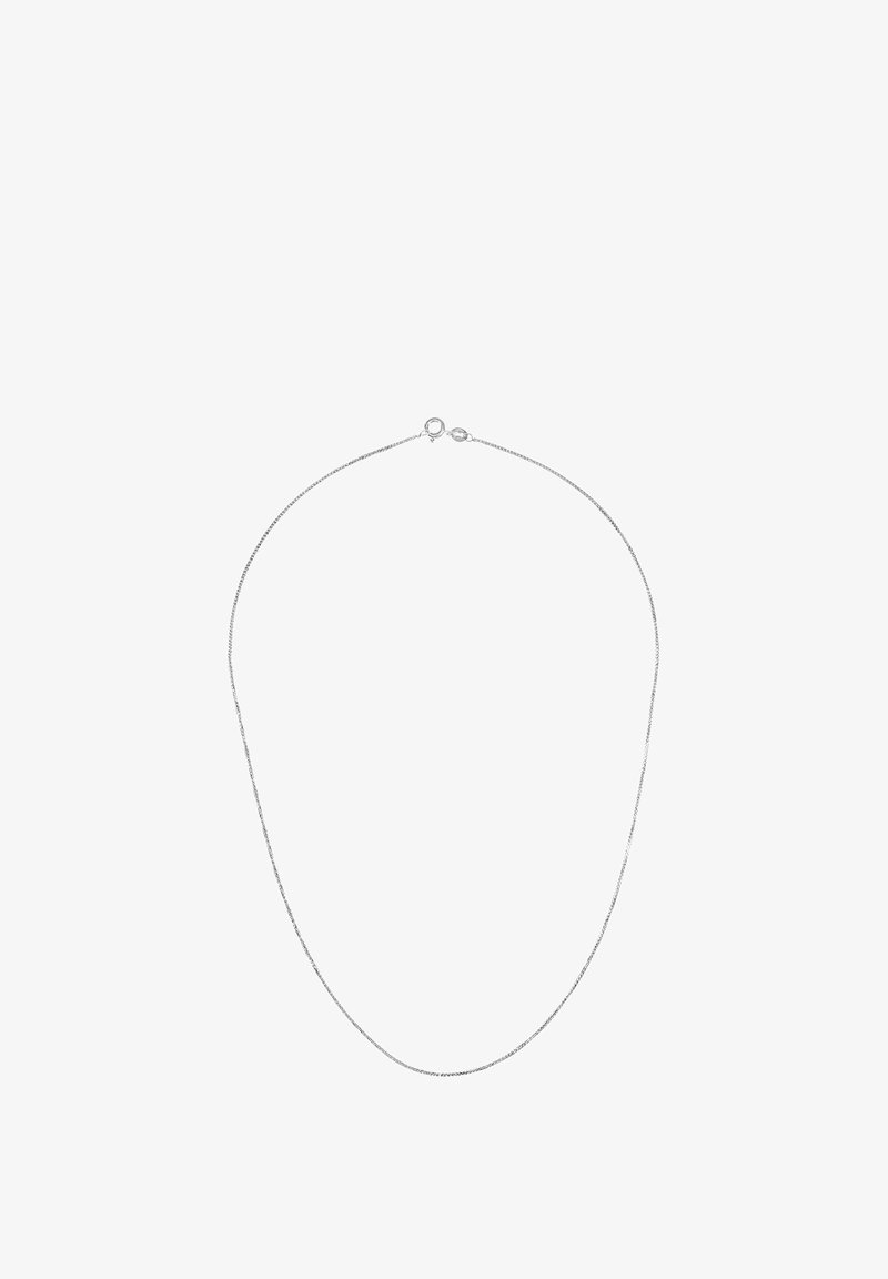 Silberfarbene Halskette mit feiner Kette und dezentem Twist-Design, verstellbarer Länge und sicherem Karabinerverschluss.