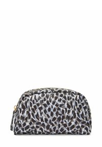 Cosmetica zak met rits gemaakt van textuurstof, voorzien van een blauw en zwart abstract patroon met gold-toned hardware en een ronde vorm.