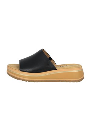 Sandale en cuir noir à bride large, semelle en plateforme beige et semelle texturée. Présente un léger talon et une finition lisse.