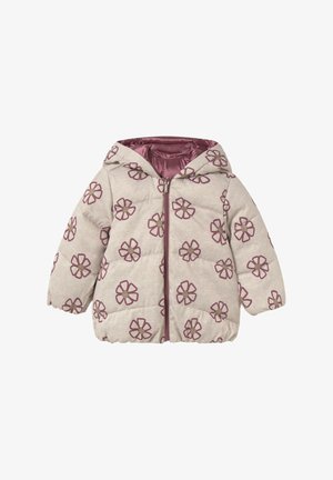 Chaqueta acolchada beige para niños con capucha, cremallera frontal y estampado de flores rosas, forrada con tela brillante color malva.