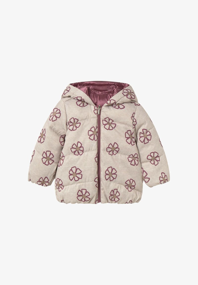 Giacca imbottita beige per bambini con cappuccio, zip frontale e motivo di fiori rosa, foderata con tessuto lucido color malva.
