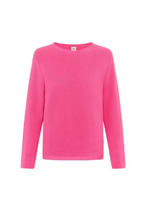 Lyserød langærmet strikket sweater med rund halsudskæring og subtil vandret ribbestruktur, vist på en hvid baggrund.