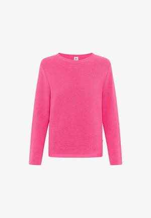 Lyserød langærmet strikket sweater med rund halsudskæring og subtil vandret ribbestruktur, vist på en hvid baggrund.