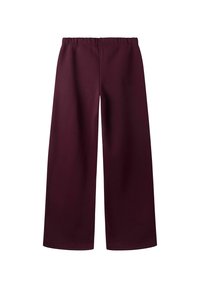 Široké kalhoty bordo barvy s elastickým pasem, bez viditelných kapes nebo ozdob, z hladké látky, položeny na bílém pozadí.