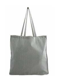Borsa a spalla a righe in bianco e nero con due manici a righe, realizzata in tessuto resistente. Forma rettangolare con apertura superiore e senza chiusure.