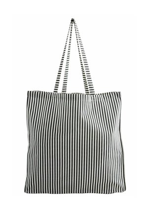 Black and white striped tote bag with two striped handles, made from durable fabric. Rectangle shape with open top and no closures.
