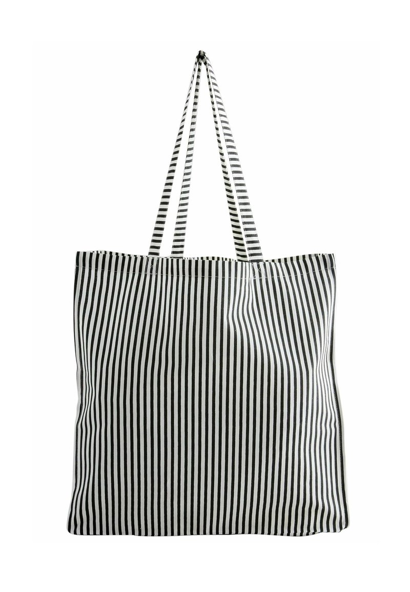 Borsa a spalla a righe in bianco e nero con due manici a righe, realizzata in tessuto resistente. Forma rettangolare con apertura superiore e senza chiusure.
